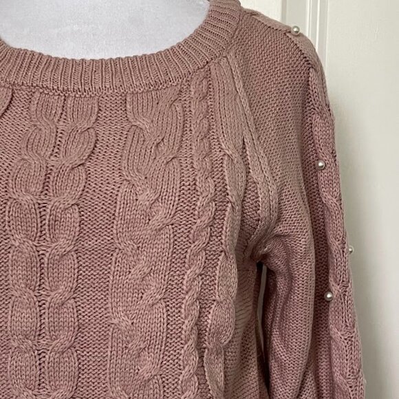 FRESHMAN Pink Cable Knit Pearl Beaded Long Sleeve Sweater Top Size Small - Picture 5 of 13